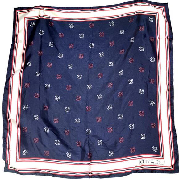 Vintage Christian DIOR Printed Silk Scarf Navy Blue, Red Cream White OLD MONEY - Picture 1 of 5